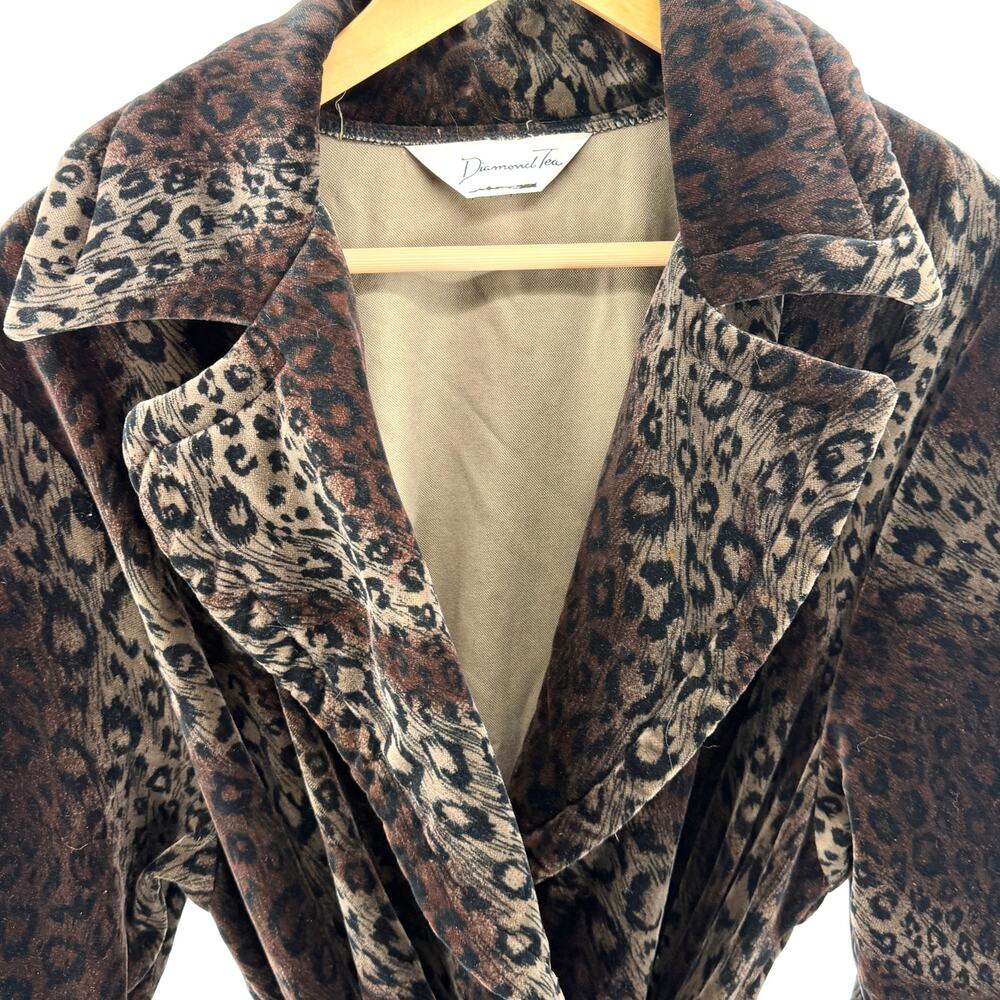 Vintage 90s Diamond Tea Brown Velvet Leopard Print Robe Duster - Picture 2 of 8